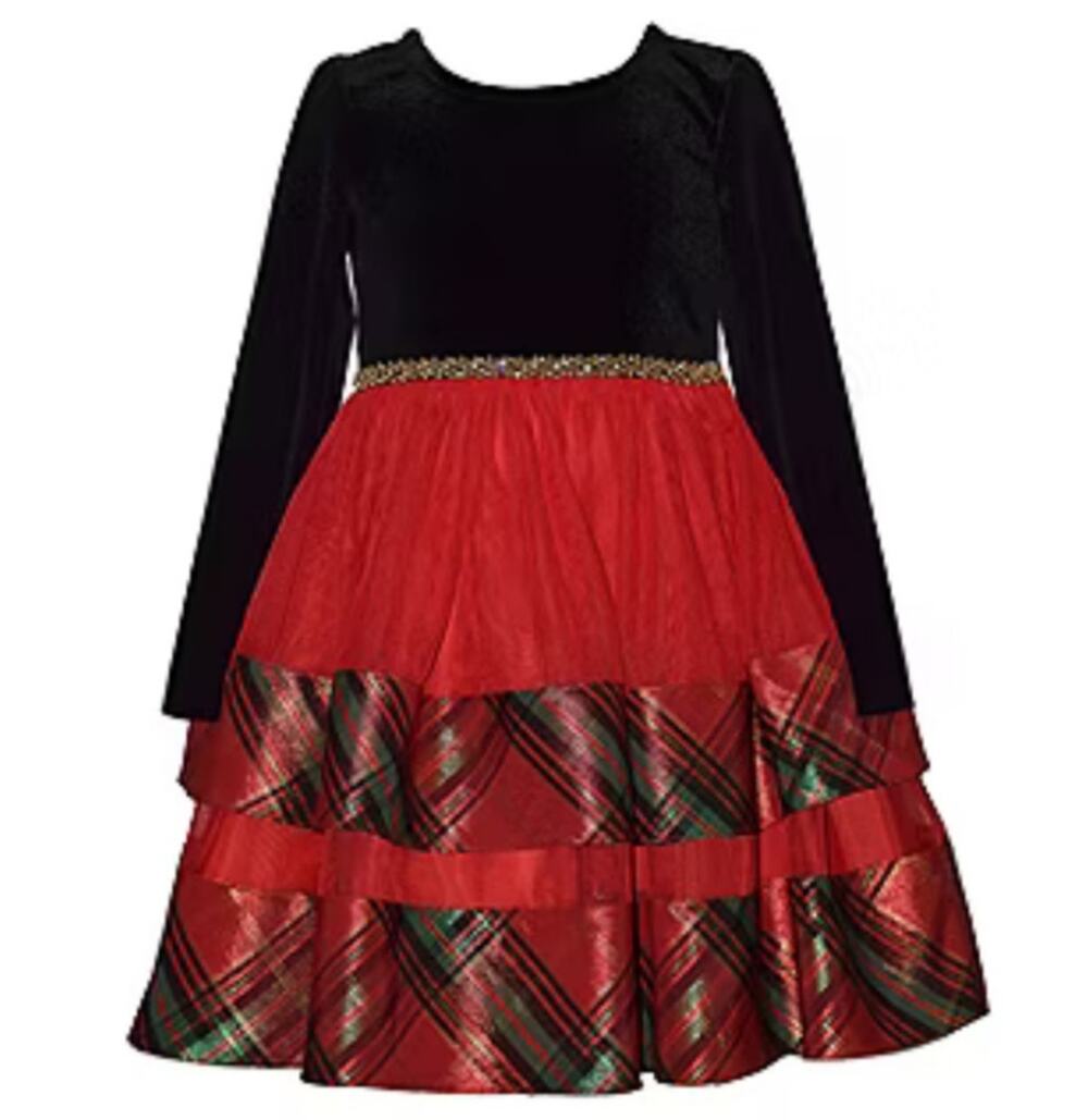 Bonnie Jean Red Velvet & Plaid Tiered Holiday Dress Girls New Christmas Size 8